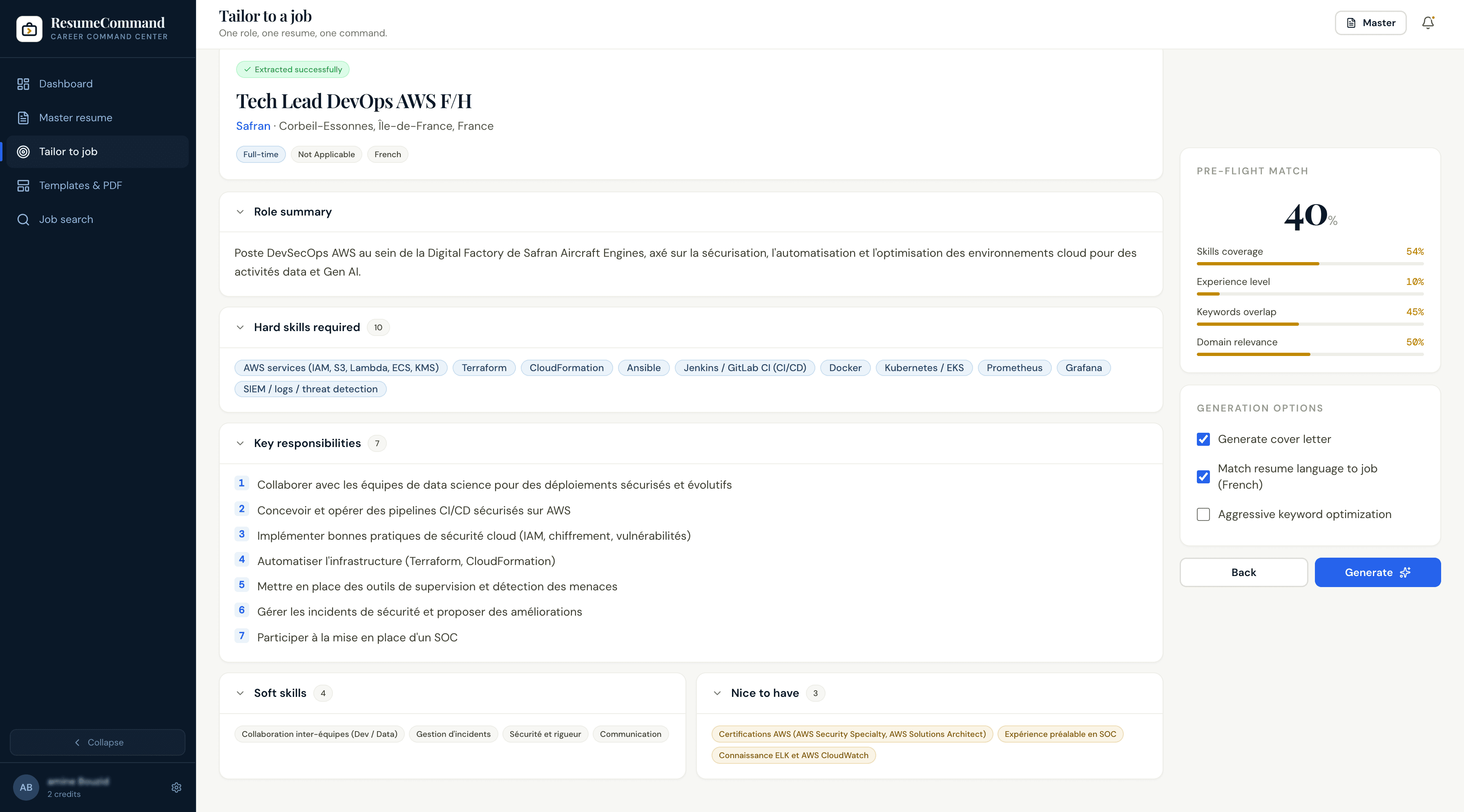 Job extraction result — skills and keywords identified