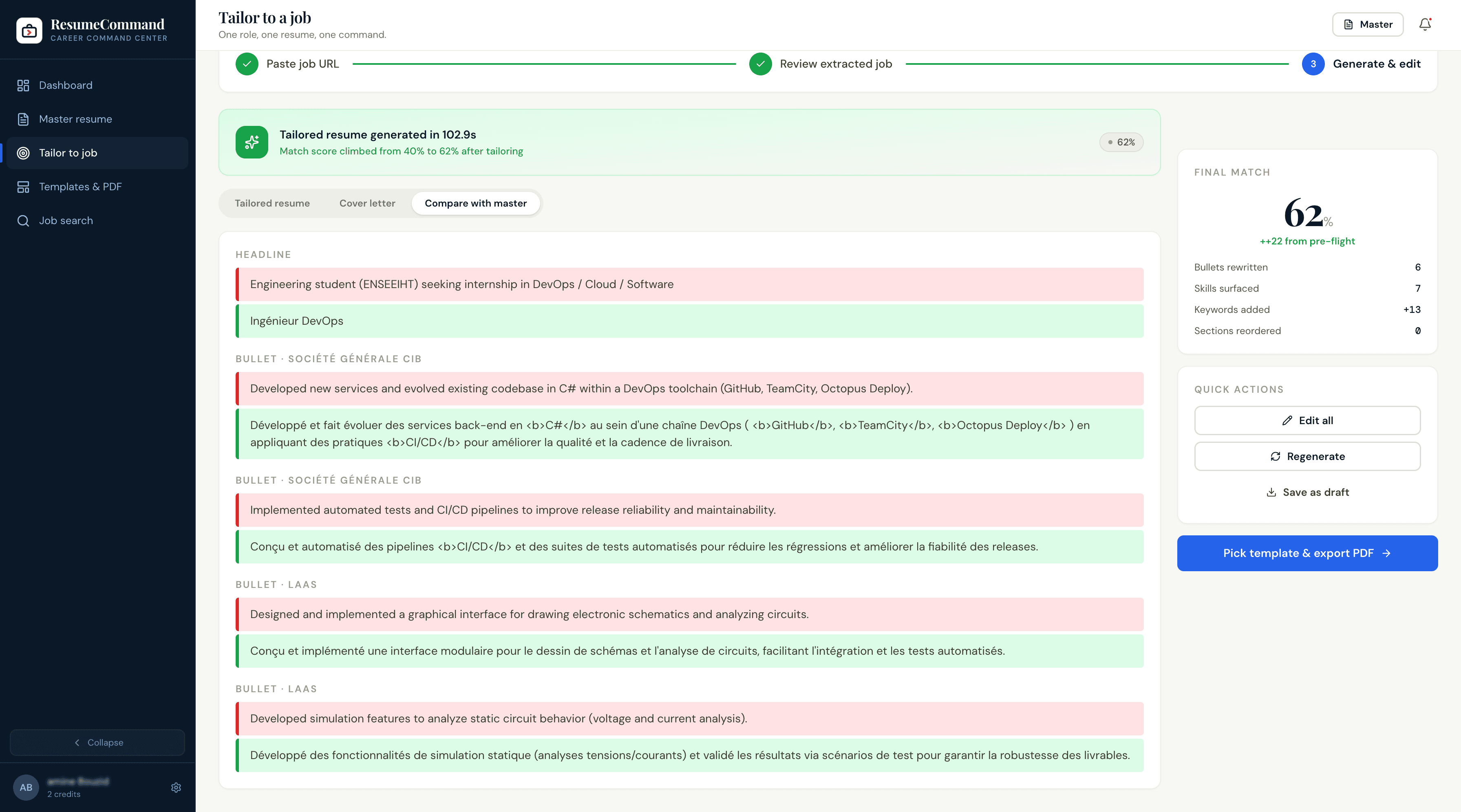 Resume tailoring — before and after comparison