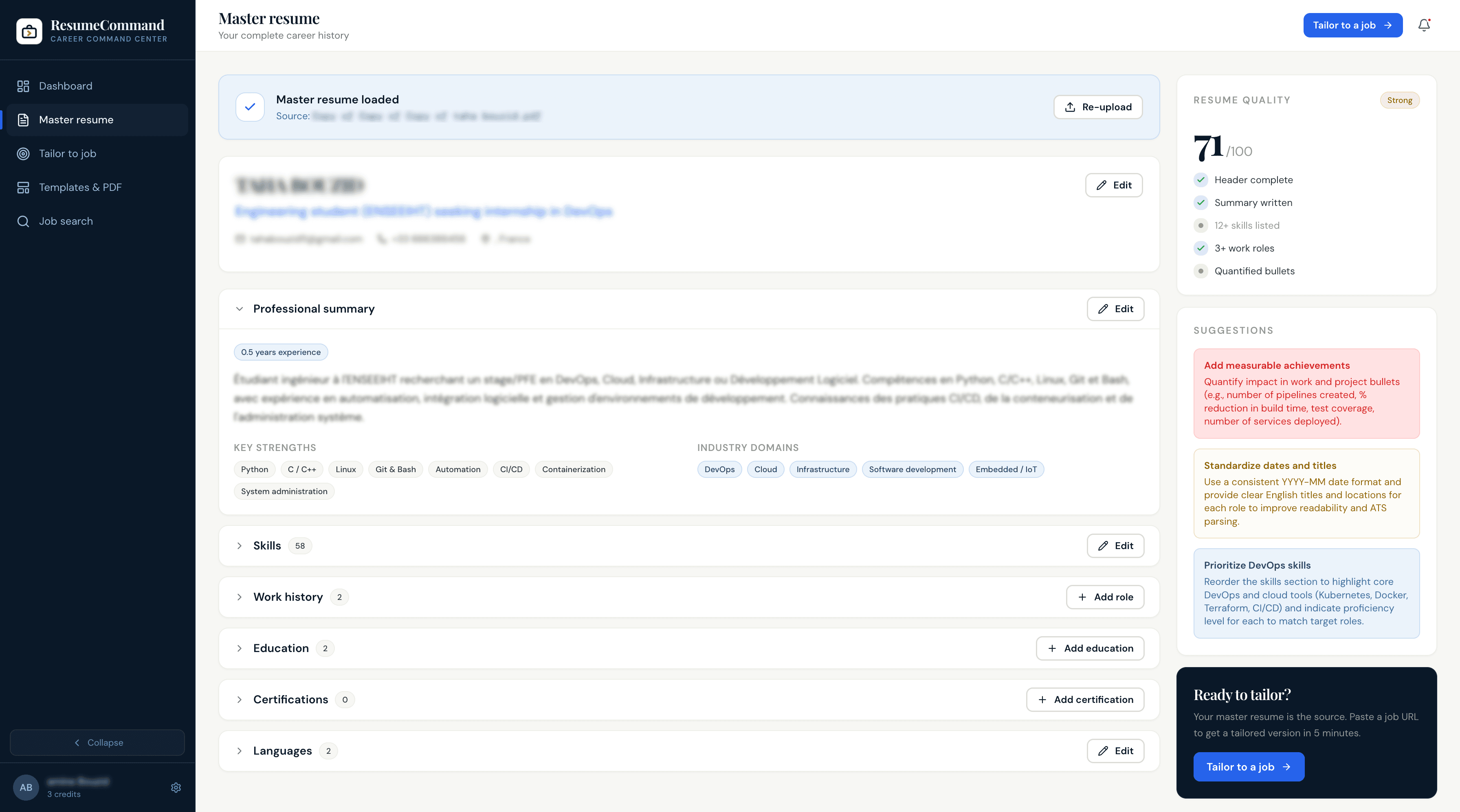 Master resume upload screen