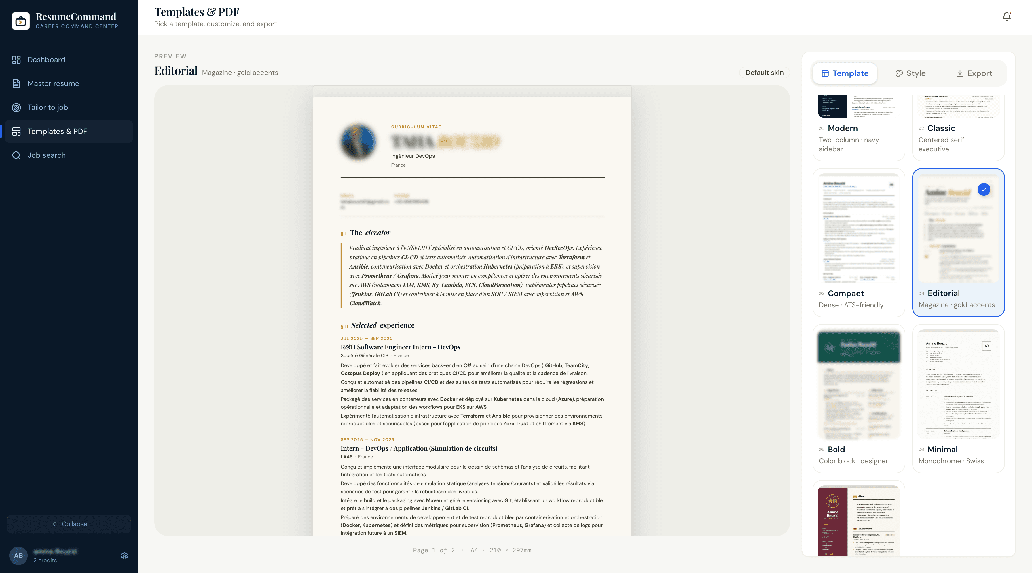 Tailored resume export screen
