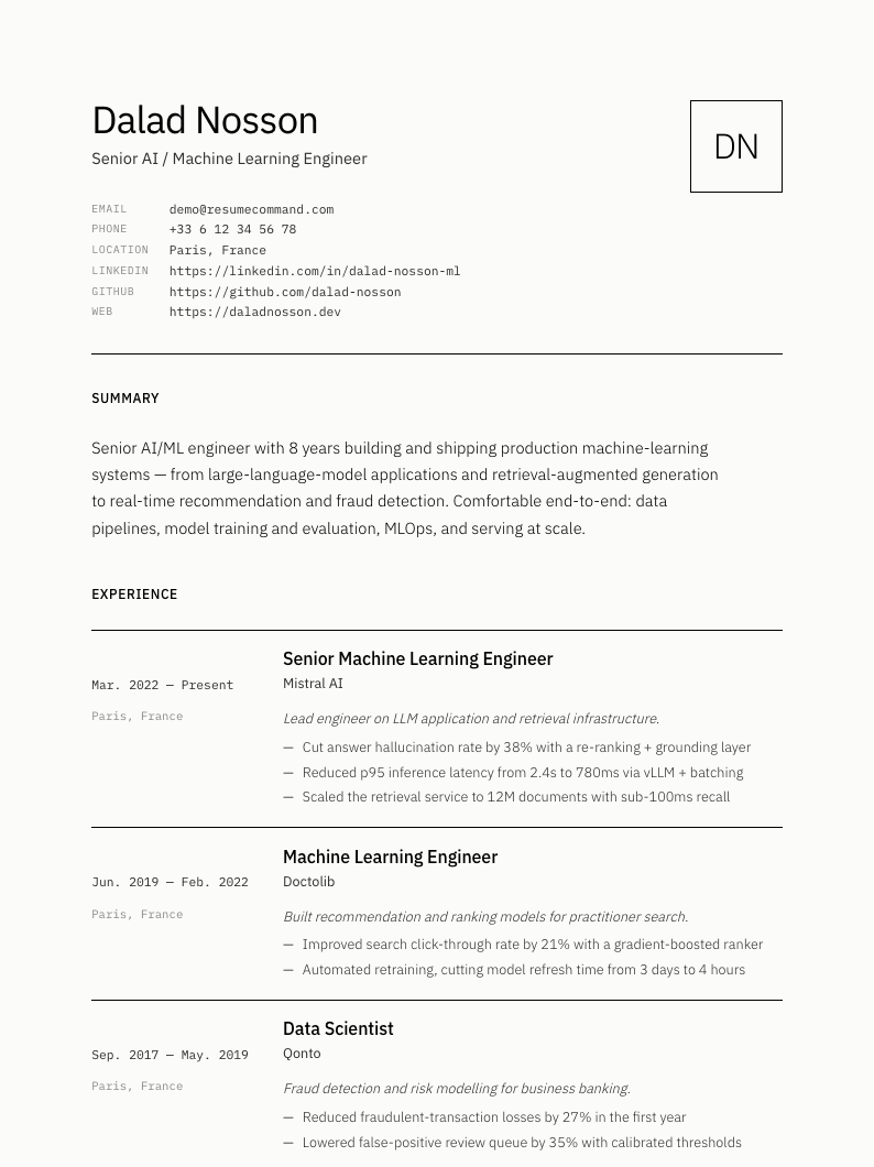 Preview of the Minimal resume template