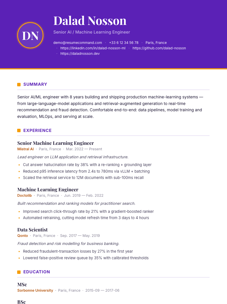 Preview of the Vivid resume template